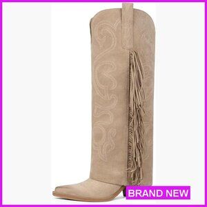 Knee High Cowboy Boots Western Fringe Fold Over Chunky Heel Pointy Toe